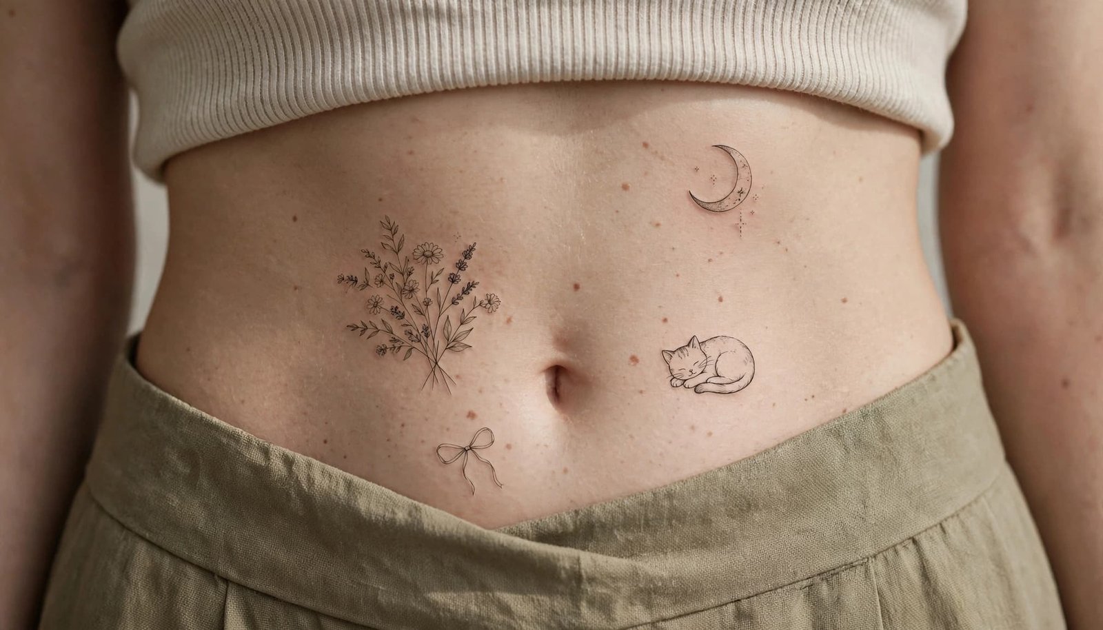 Four delicate tattoo designs decorate a woman's lower stomach beneath a neutral outfit.