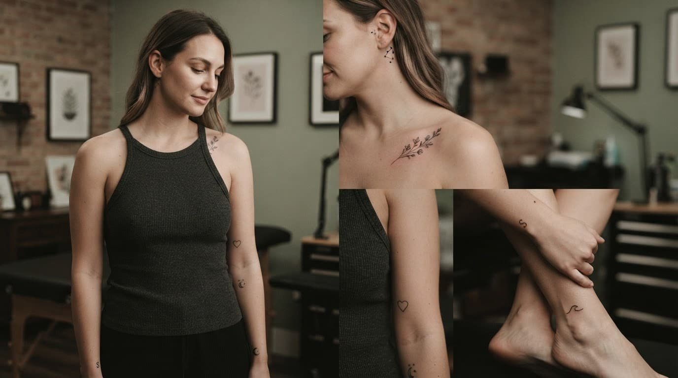 Female model showing delicate tattoos on her wrist, arms, shoulder, collarbone, ankle, and behind her ear.