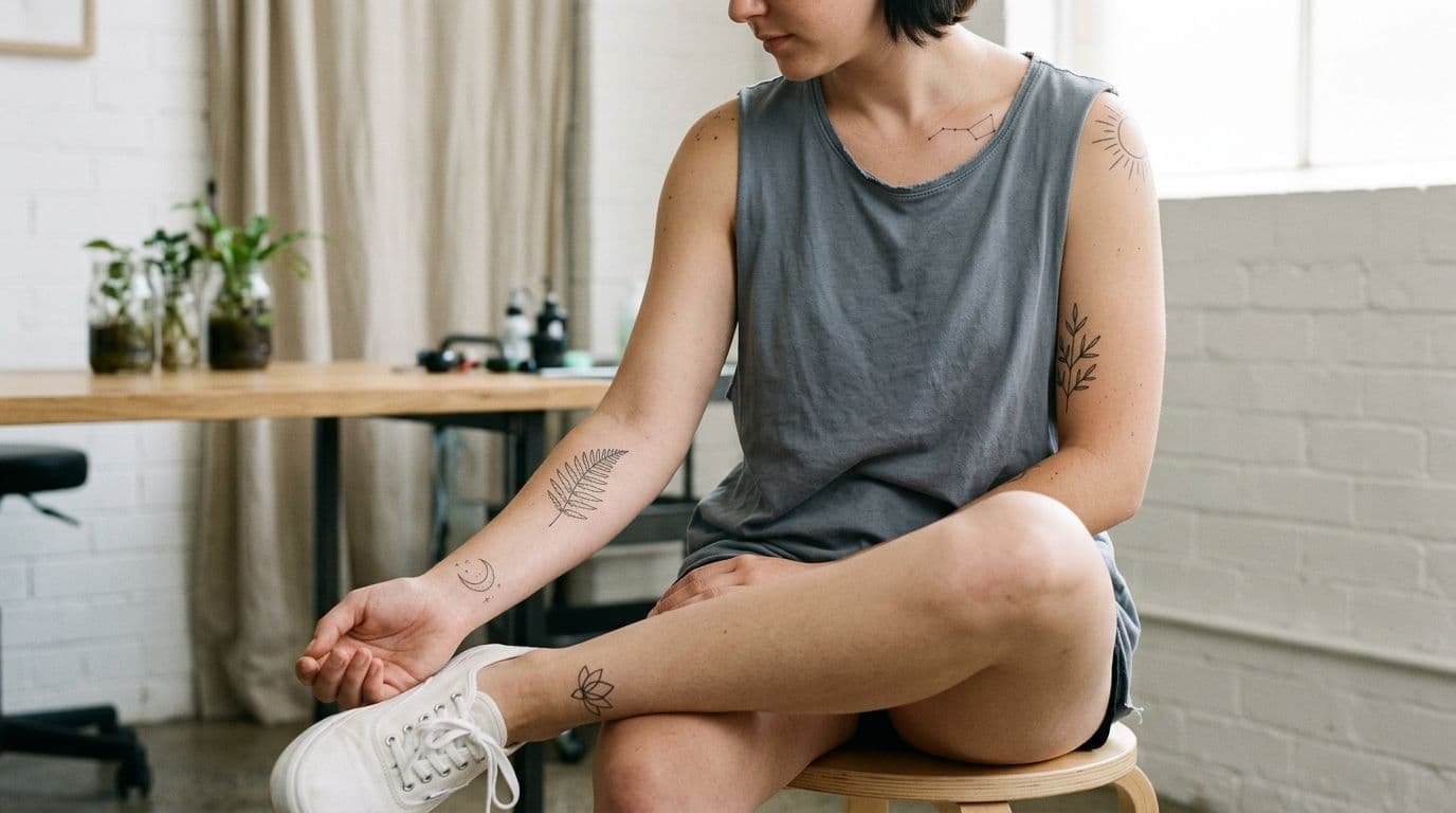 Client in a sleeveless top showing delicate tattoo ideas on several body placements.