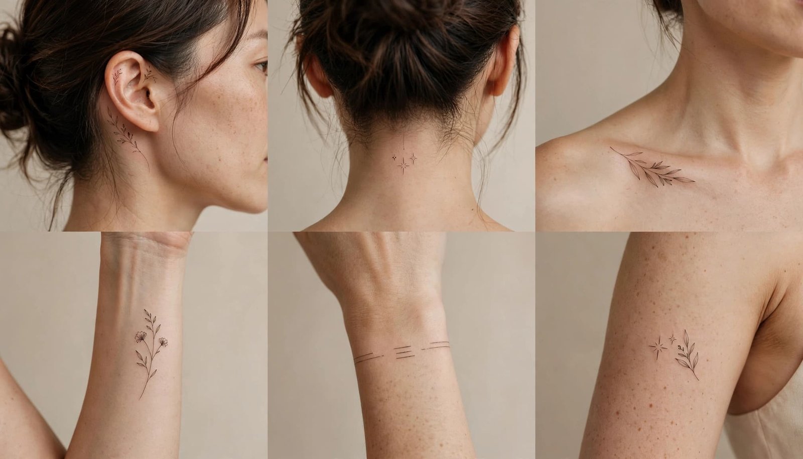 Woman showing delicate tattoos on her arm, collarbone, neck, and behind her ear.