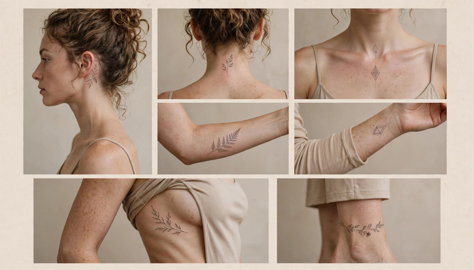 One person showing delicate tattoos on the wrist, collarbone, ribs, neck, ear, forearm, and ankle.