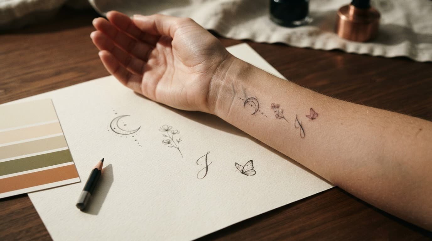 Small tattoo sketches and a temporary design arranged beside a forearm.