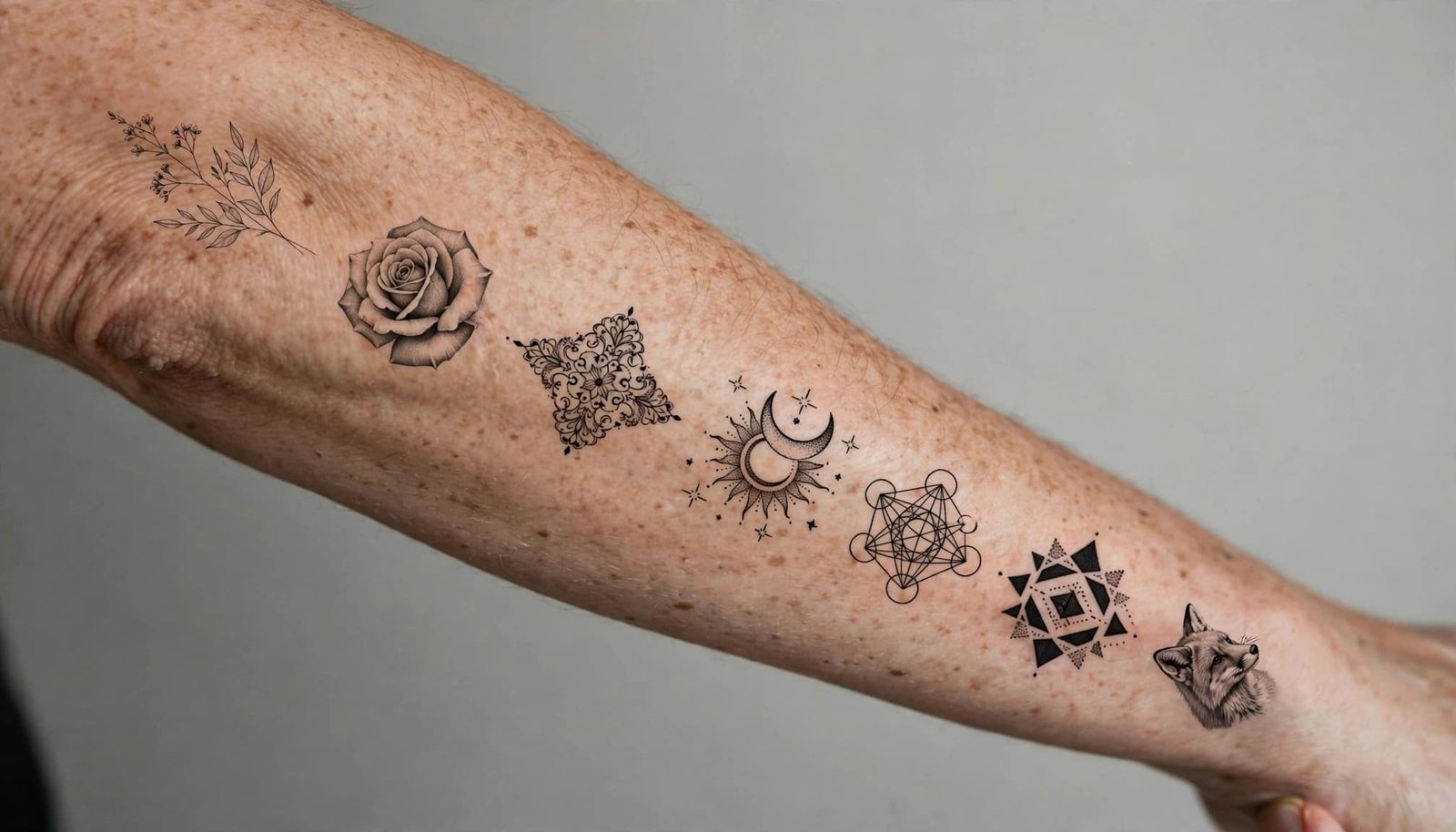 A woman's forearm shows seven varied tattoo styles in a softly lit studio.