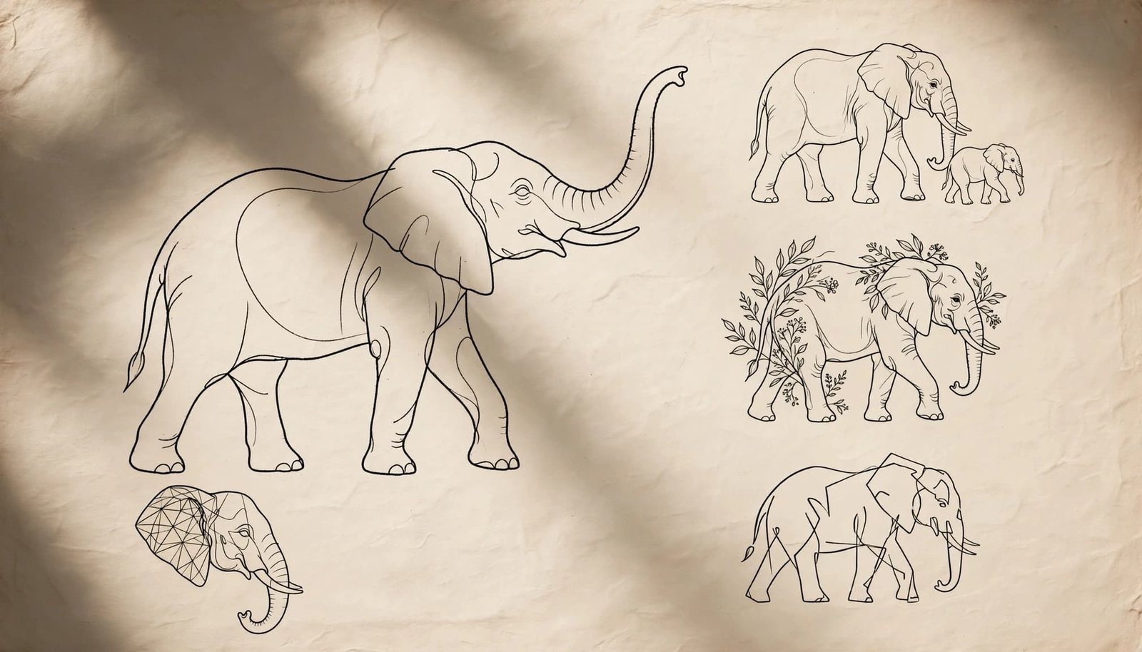 Five elephant tattoo sketches arranged on warm ivory paper.