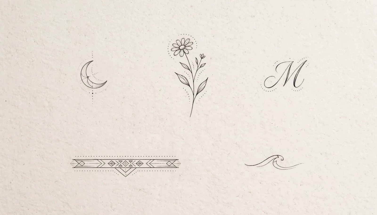Five delicate finger tattoo sketches on an ivory surface, including a moon, flower, band, wave, and initial mark.