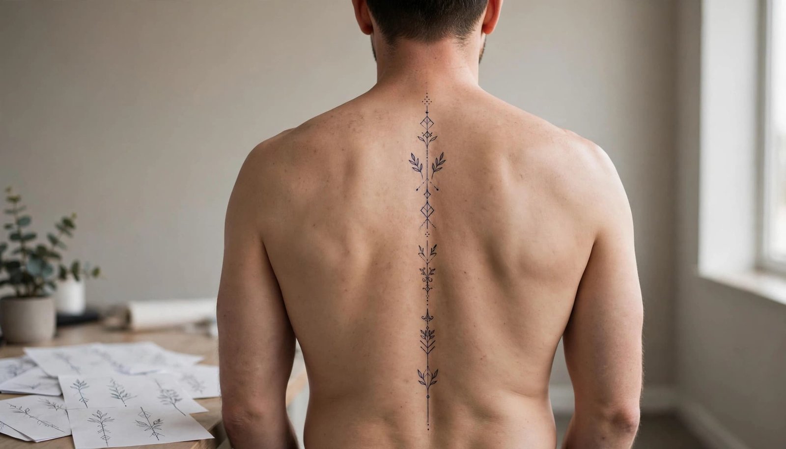 Man showing a vertical spine tattoo stencil in a neutral studio.
