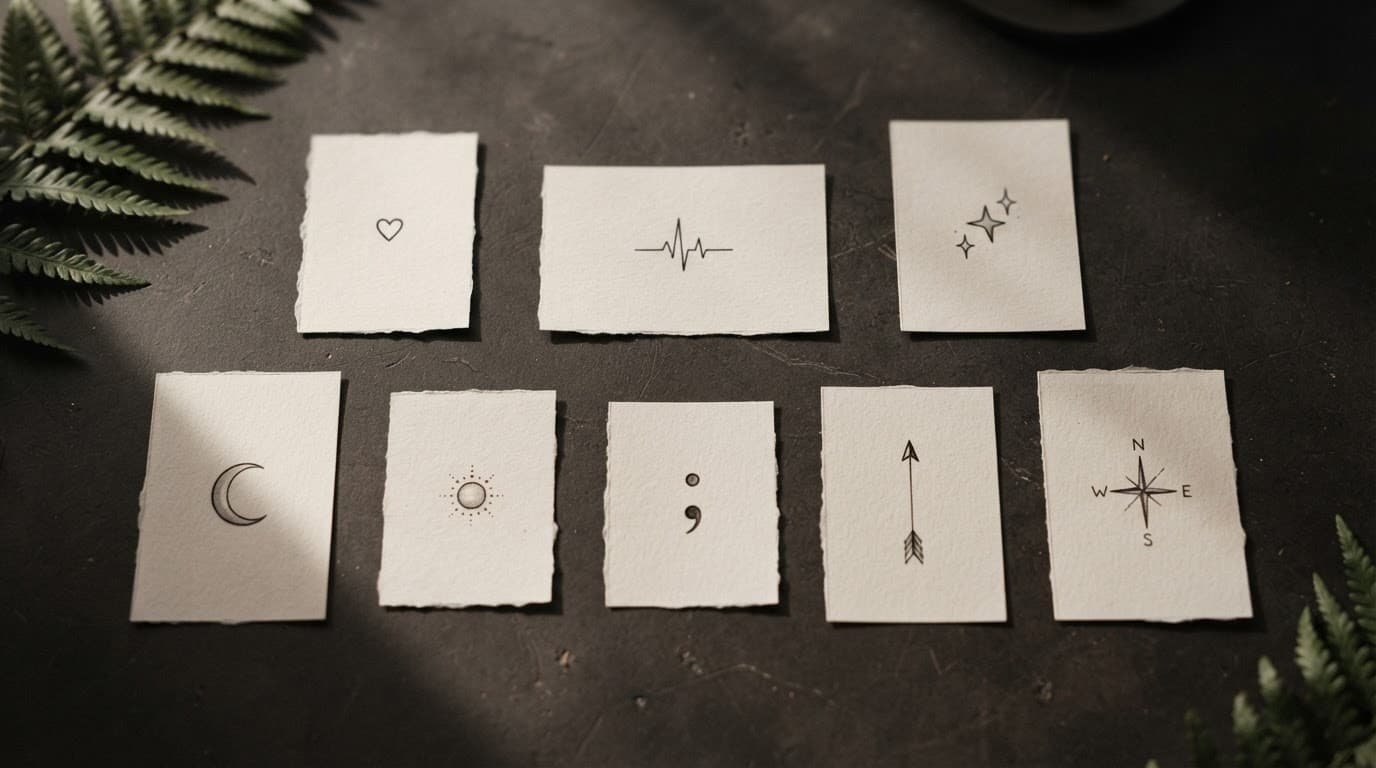 Small black and gray tattoo symbols arranged on neutral cards against a dark background.