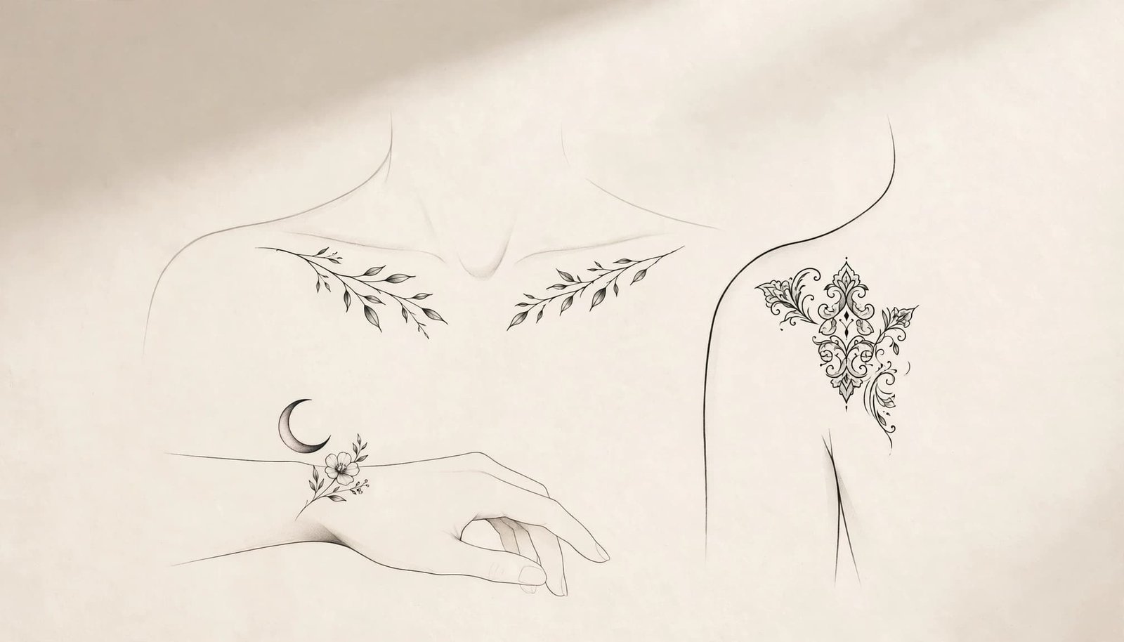 Three elegant black ink tattoo designs shown beside wrist, collarbone, and shoulder silhouettes.
