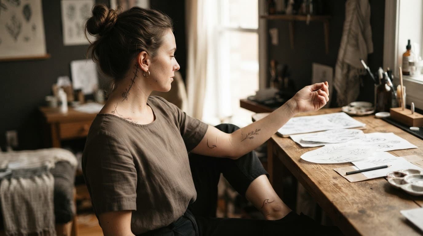 Body silhouettes show delicate tattoo ideas for the forearm, ankle, collarbone, and behind the ear.