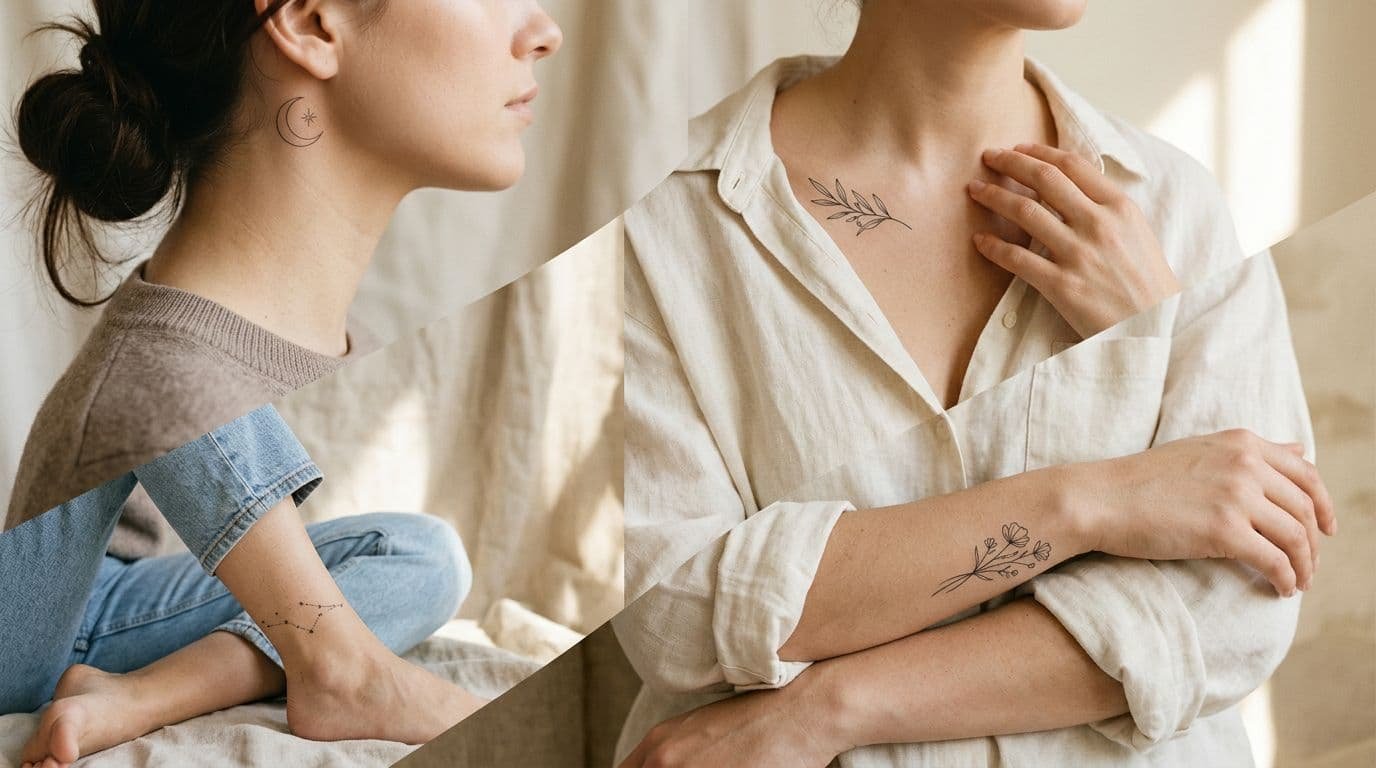 Woman showing delicate tattoos on her torso, forearm, ankle, and neck.