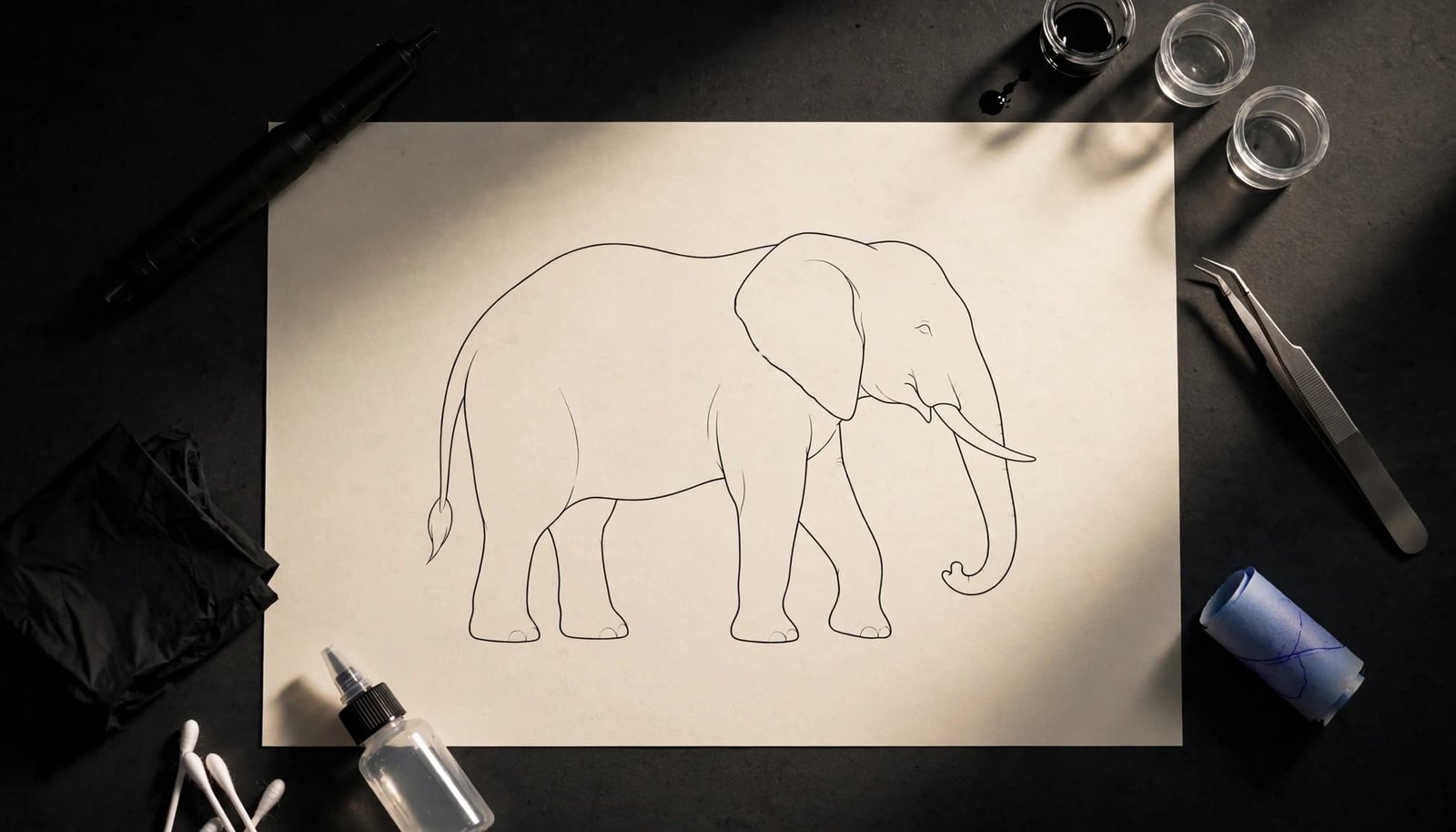 A fine-line elephant tattoo outline on ivory paper beside subtle tattoo tools.