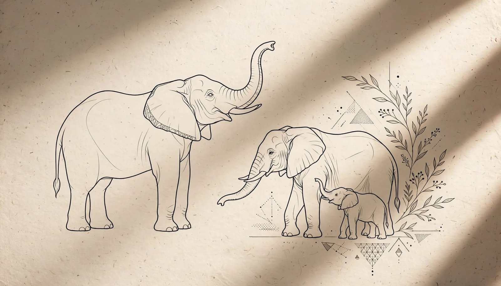 Three elephant tattoo silhouettes on textured ivory paper with botanical and geometric accents.