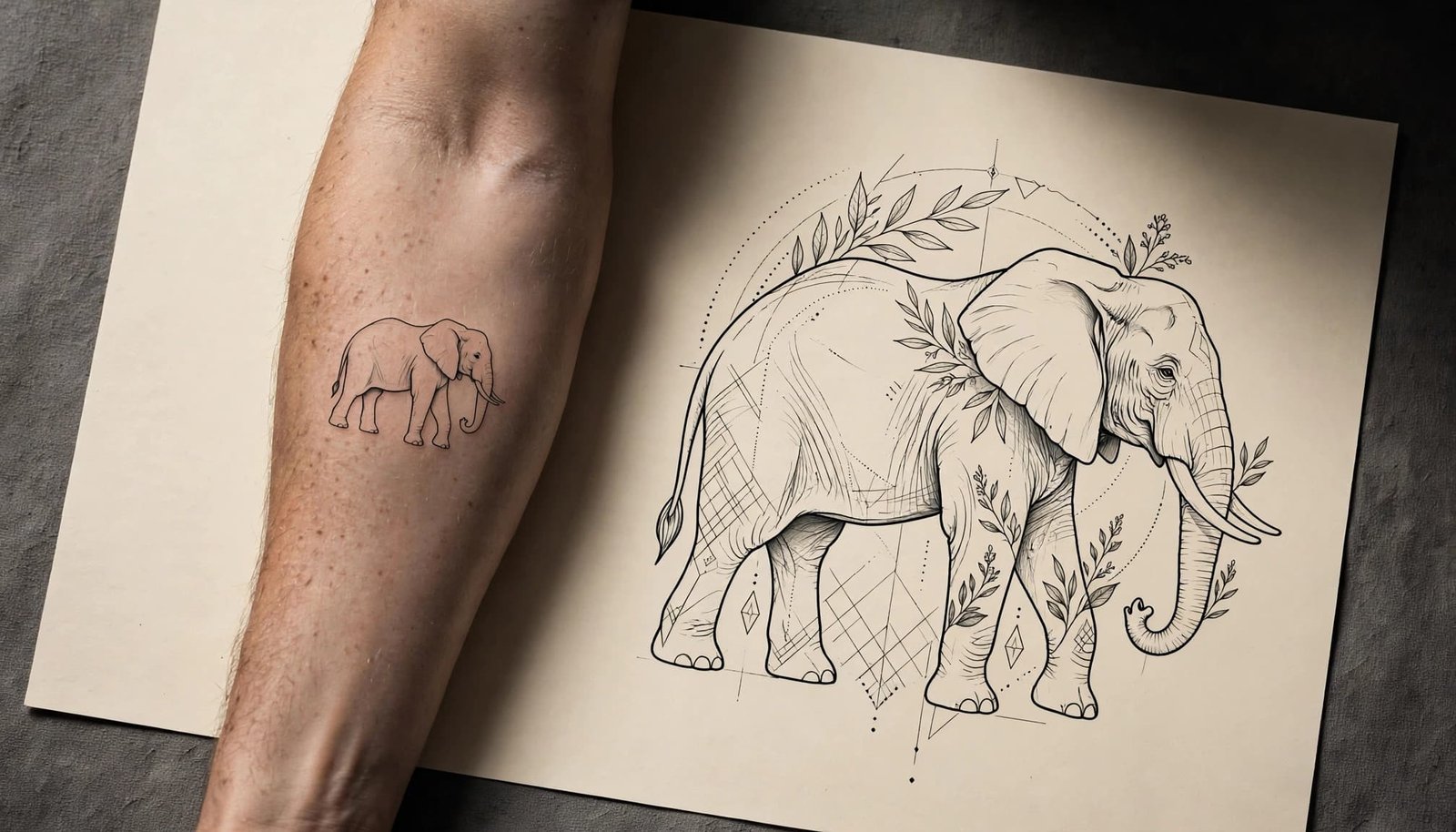 Two elephant outline tattoos compare compact and larger forearm placement options.
