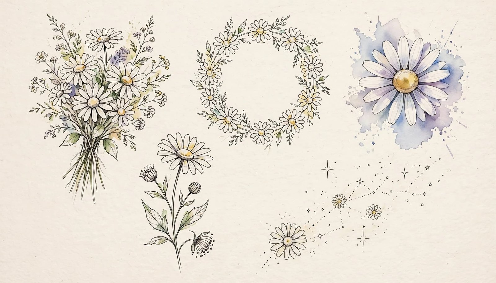 Five delicate daisy tattoo sketches arranged on warm off-white paper.