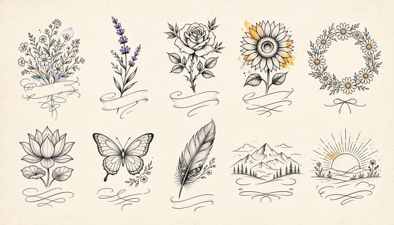 Ten floral and nature-inspired tattoo designs arranged on warm ivory paper.