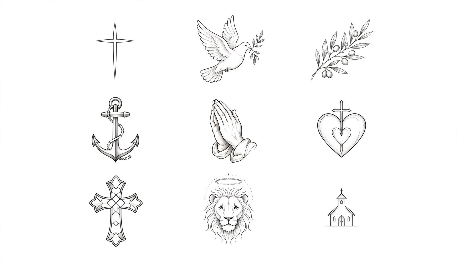 Fine-line Christian tattoo motifs arranged on a clean white flash sheet.
