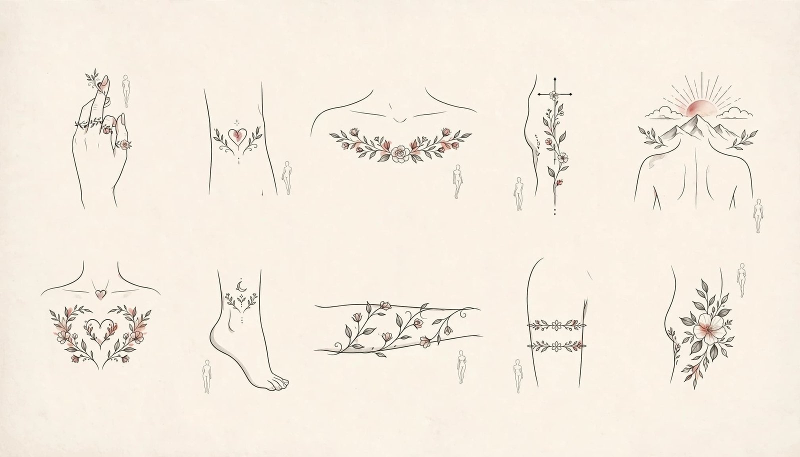 Ten fine-line tattoo placement studies arranged on a warm ivory sheet.