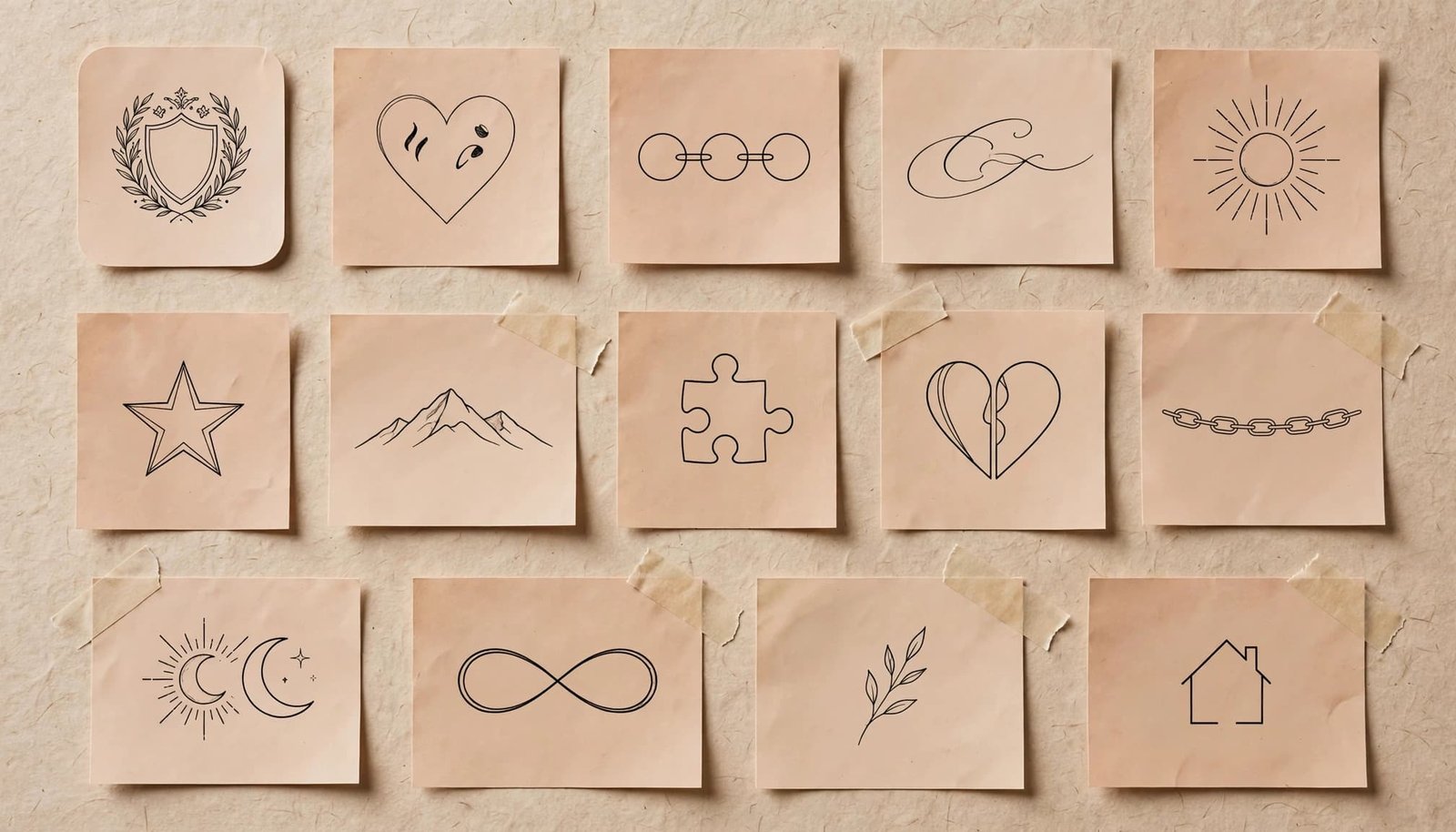 Fine-line family tattoo symbols arranged on skin-tone swatches.