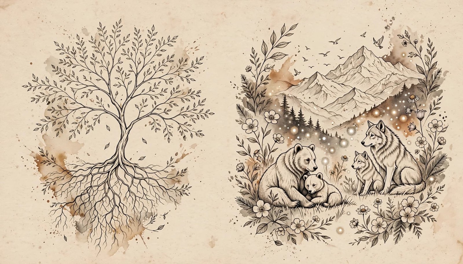 Two family tattoo designs show a tree and a nature scene with animals, flowers, and mountains.