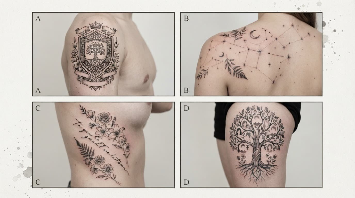 Four family tattoo designs shown on an arm, shoulder blade, ribs, and thigh.