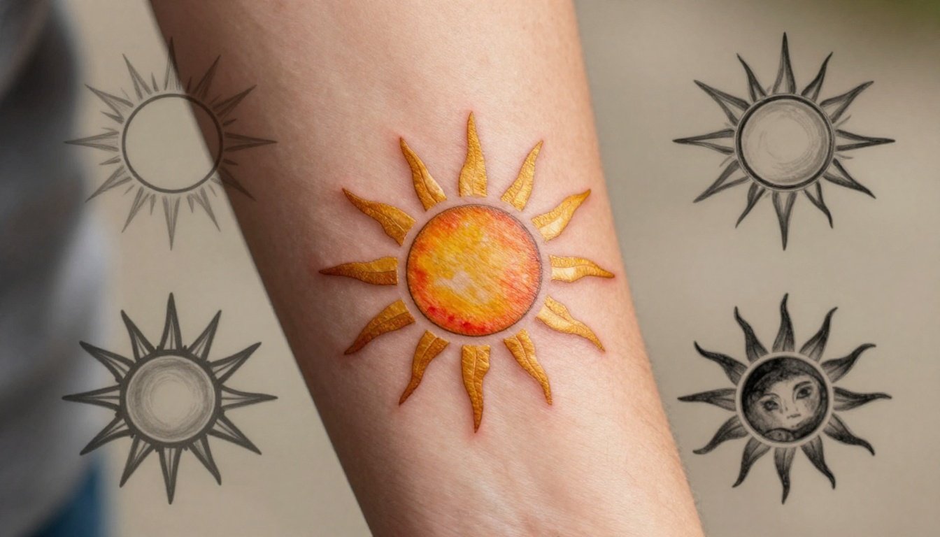 A golden sun tattoo on a forearm with four surrounding style sketches.