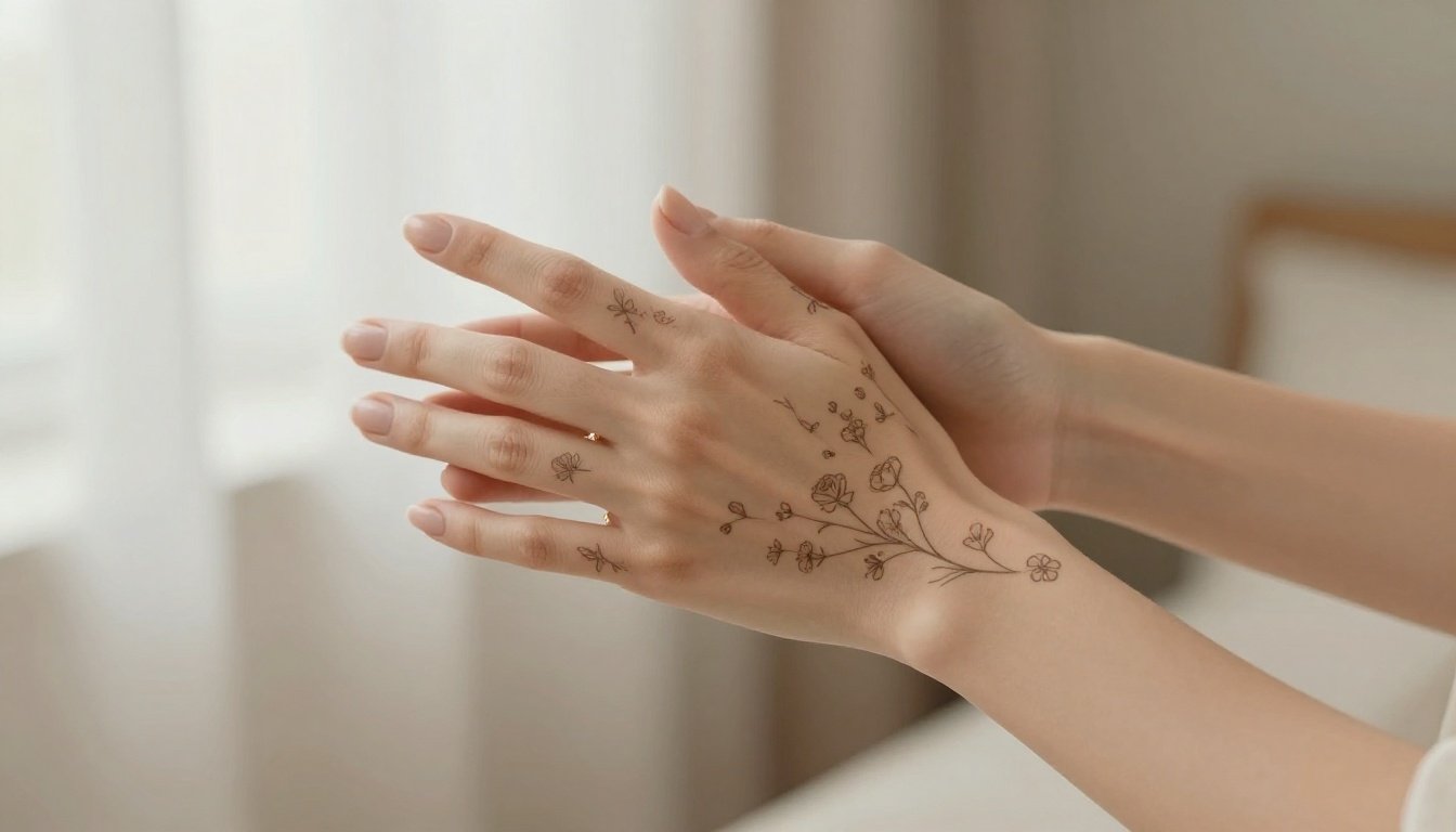 Folded hands with delicate floral tattoos, manicured nails, and gold jewelry.