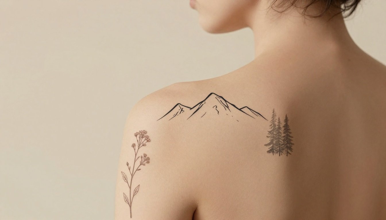 Close-up of three nature tattoos featuring mountains, wildflowers, and a forest.