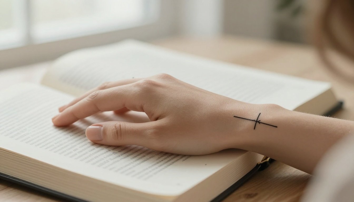 A fine-line cross tattoo above an open Bible in soft window light.