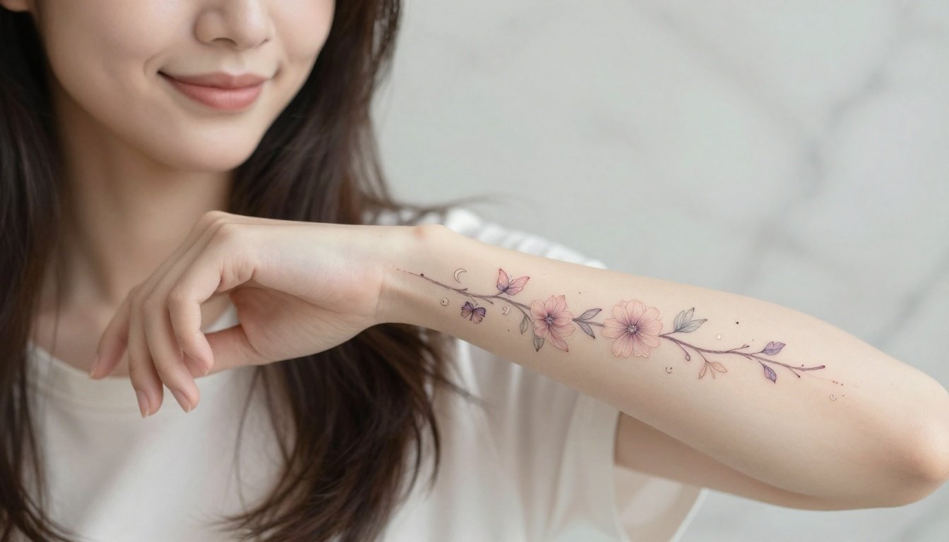 A woman displays a pastel floral forearm tattoo with a moon and butterfly.
