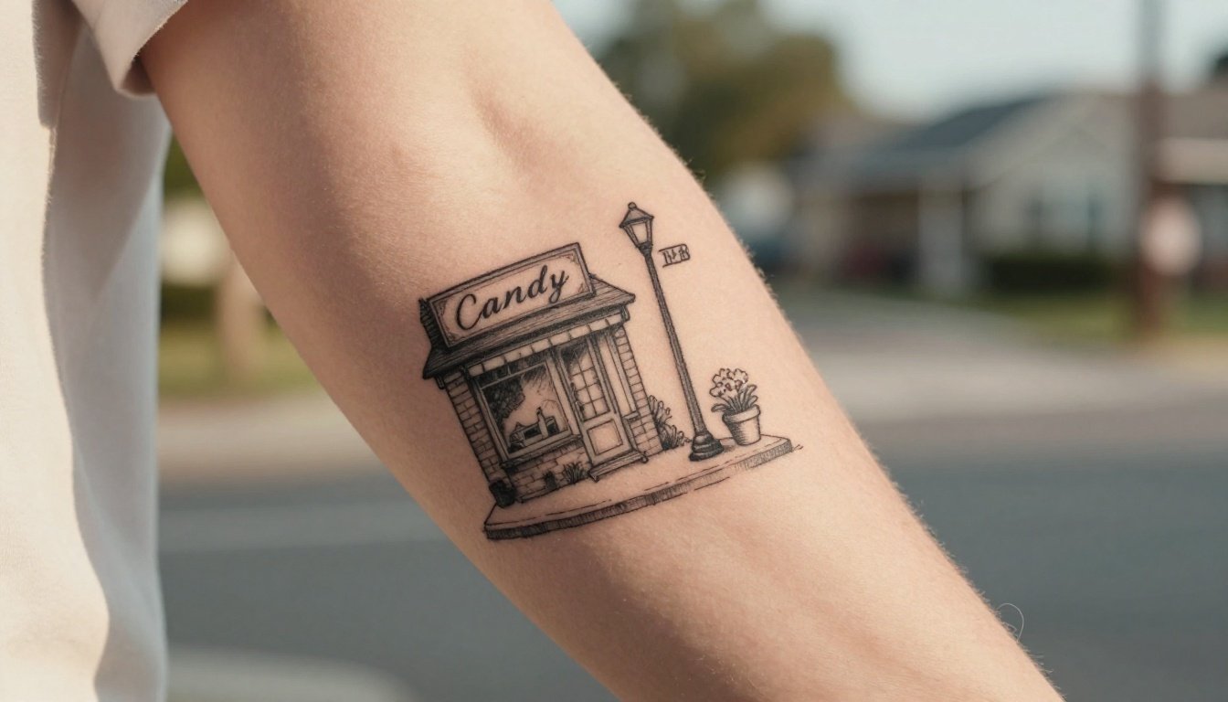 Forearm tattoo showing a brick shop, stoop flower, streetlamp, and handwritten address.
