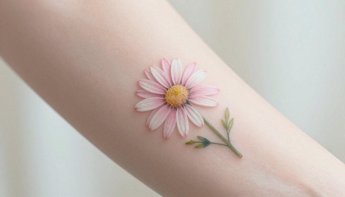 Delicate pink and white daisy tattoo on a woman’s forearm.