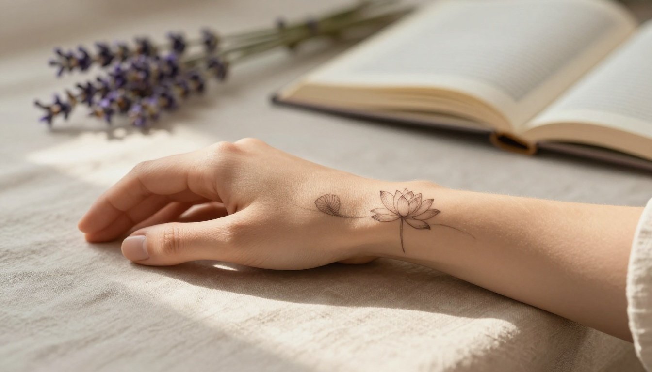 A forearm with a lotus and phoenix tattoo rests on linen beside lavender and a journal.