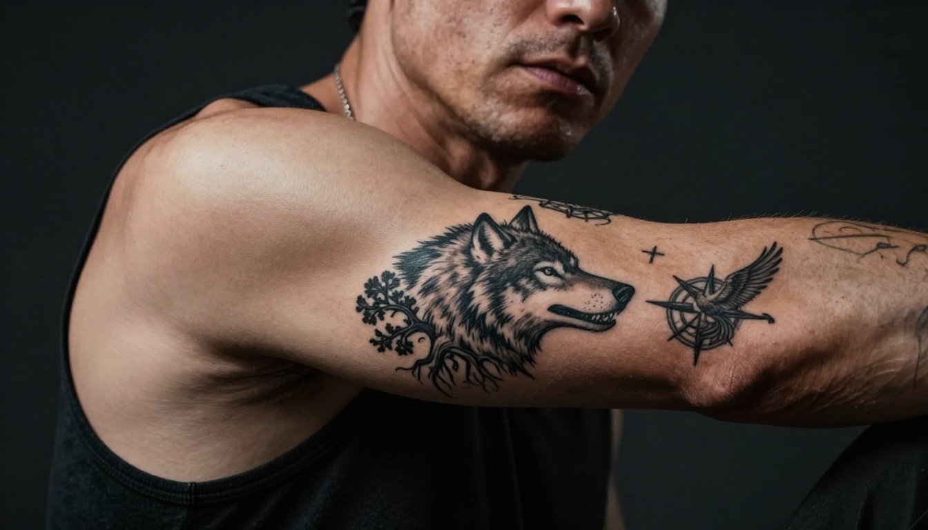 Man showing black ink tattoos of a wolf, tree, compass, cross, and phoenix on his forearm.