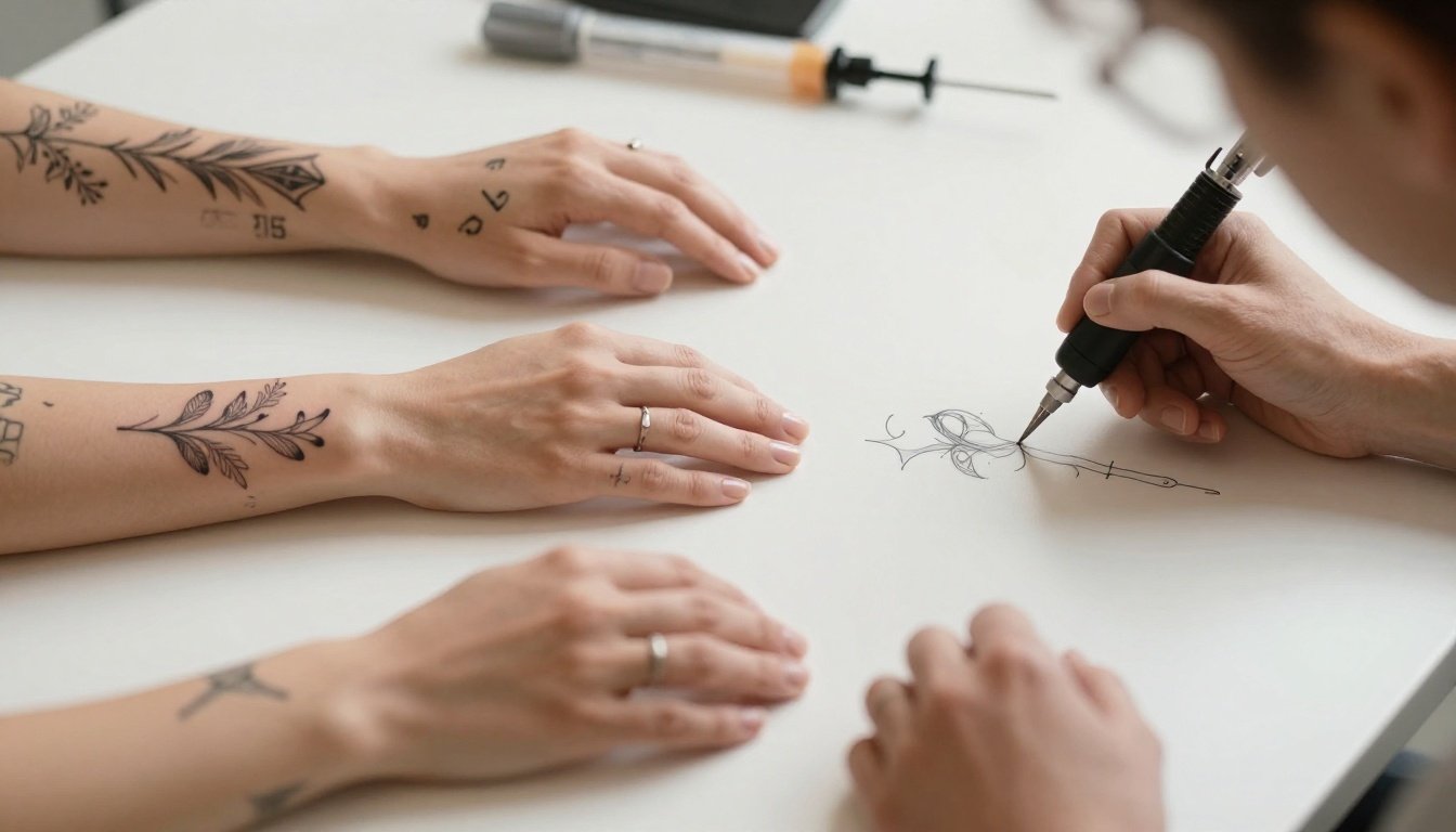 Forearms display varied tattoos as a gloved artist works on a fine-line design.