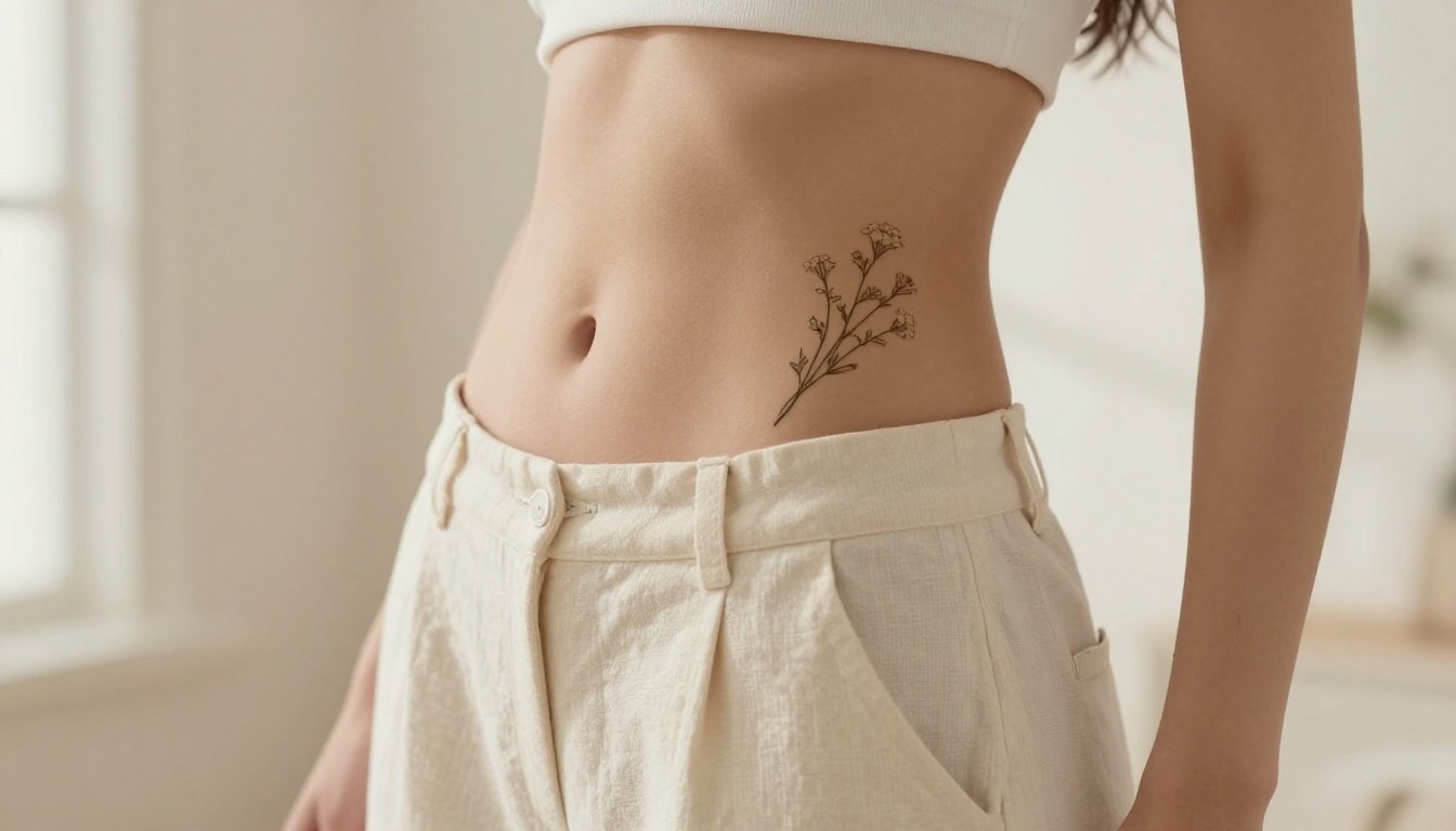 Fine-line wildflower tattoo on a woman’s lower stomach above cream linen pants.