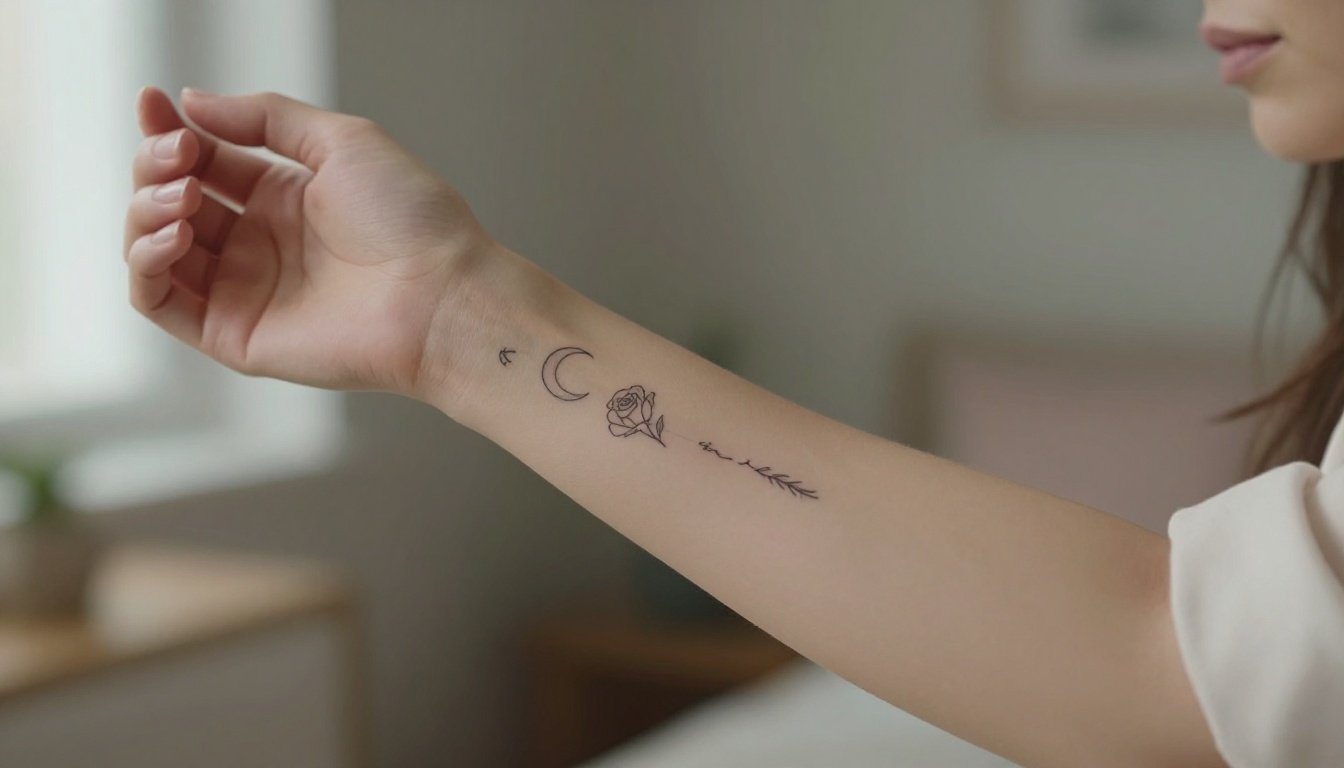 A woman’s forearm showing four delicate black tattoos in soft window light.