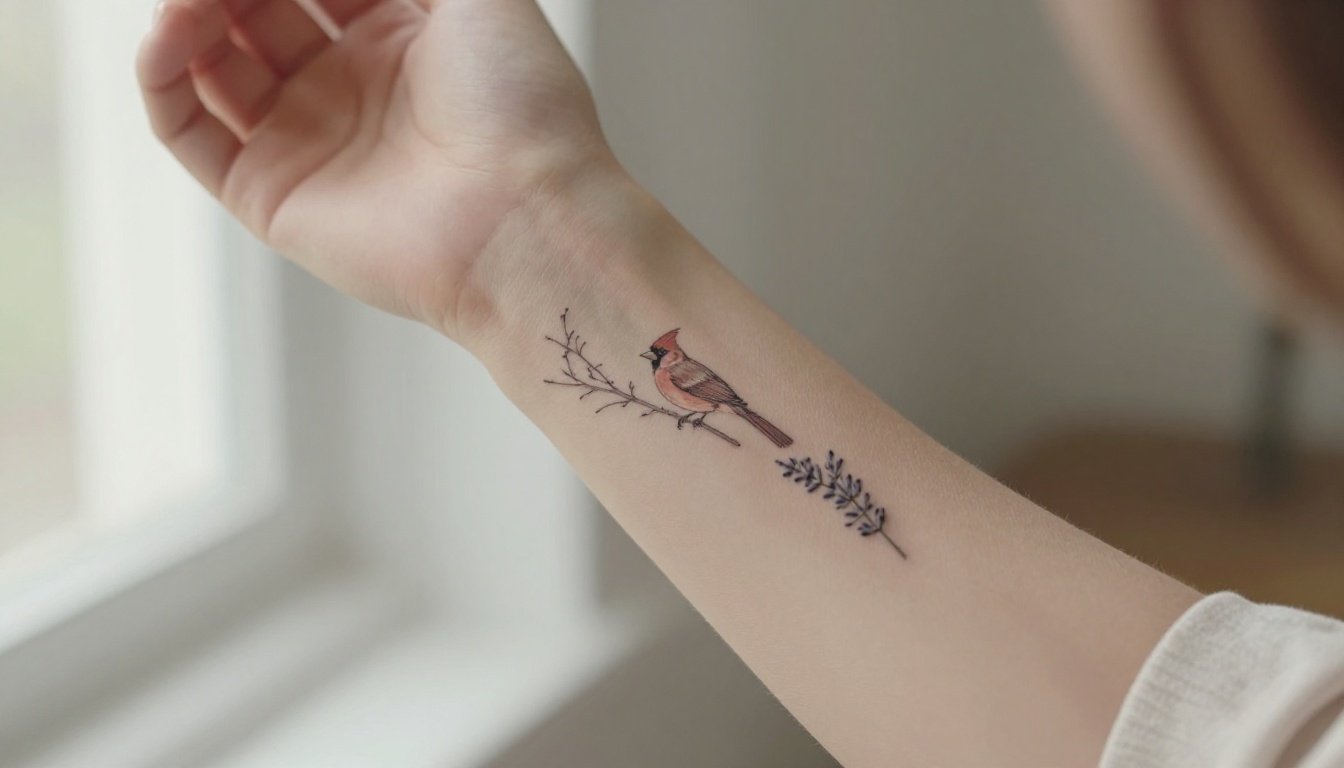 A fine-line memorial tattoo with handwriting, a cardinal, and lavender on a woman’s inner forearm.