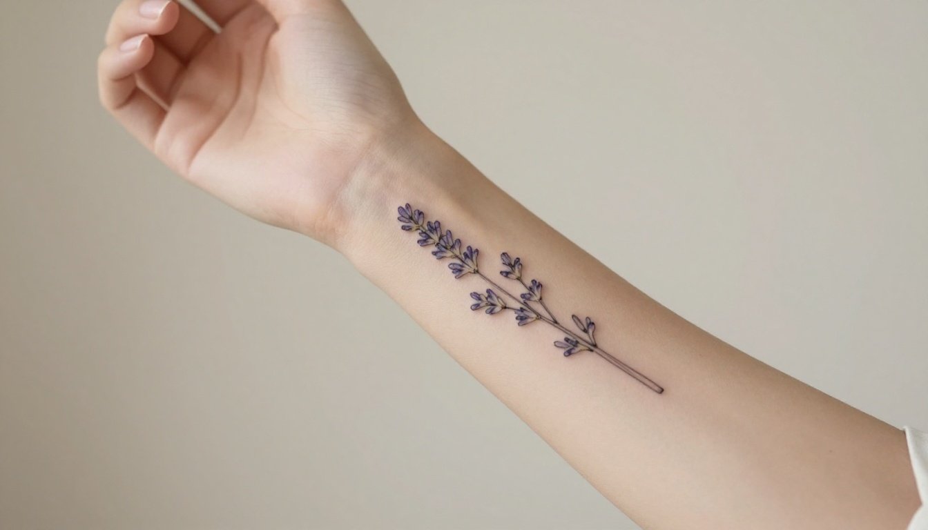 A woman’s forearm with a delicate lavender tattoo wrapped around her wrist.