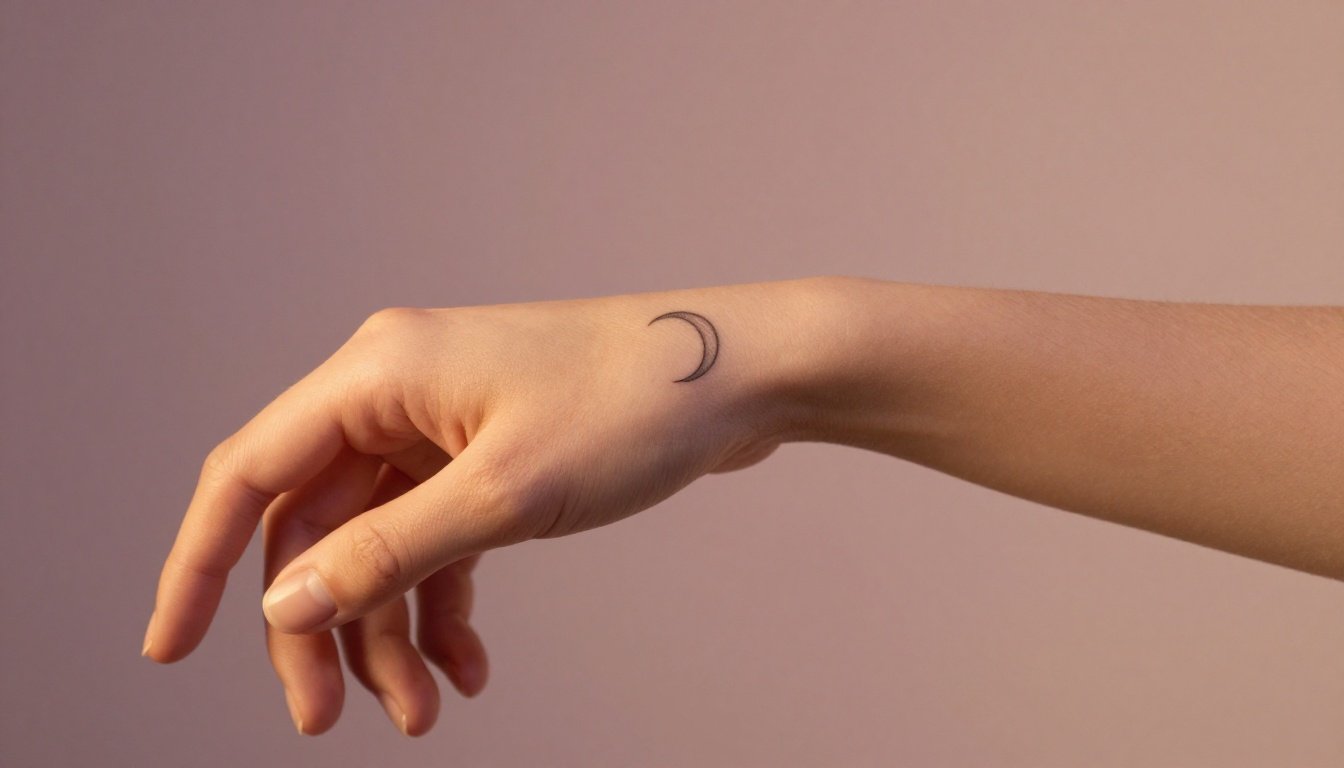 Woman’s forearm showing a delicate crescent moon tattoo above the wrist.