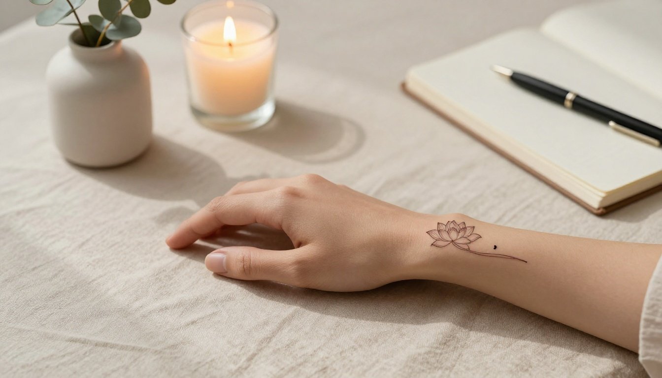 Forearm with a lotus and semicolon tattoo beside eucalyptus, a candle, and a journal.