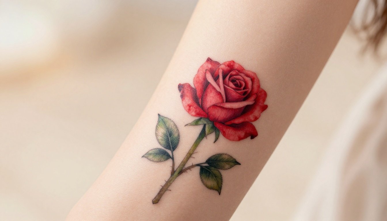A red rose tattoo with green leaves on a woman’s upper forearm.