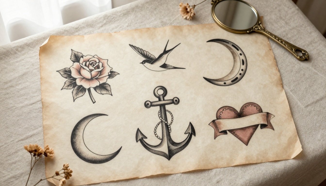 Vintage tattoo designs on parchment beside dried flowers and a brass mirror.
