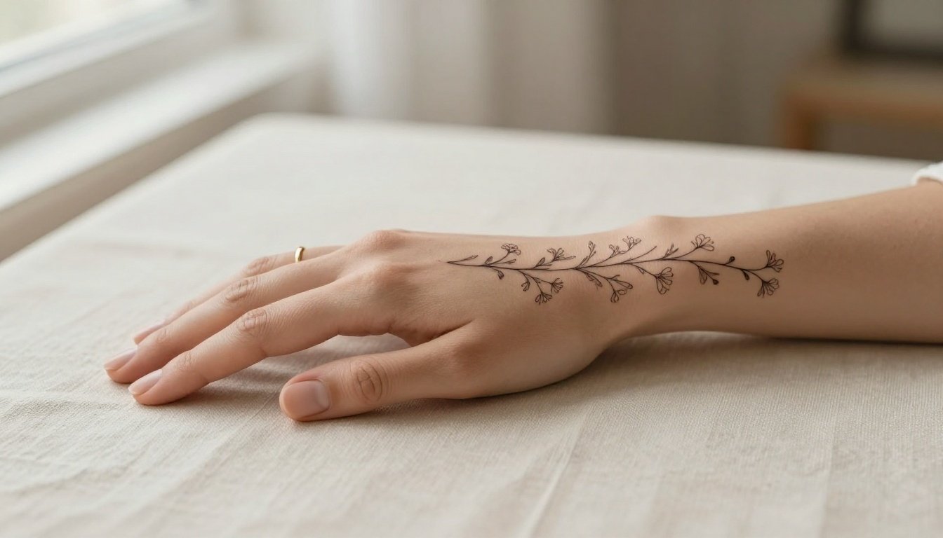 Woman’s wrist with a delicate floral tattoo resting on cream linen.
