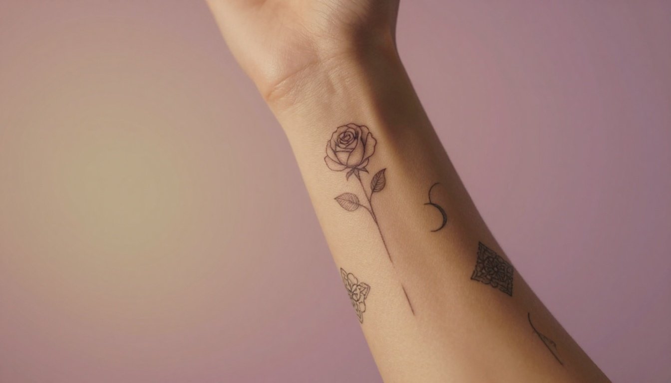 A woman's forearm with delicate rose, moon, geometric, and mandala tattoos.