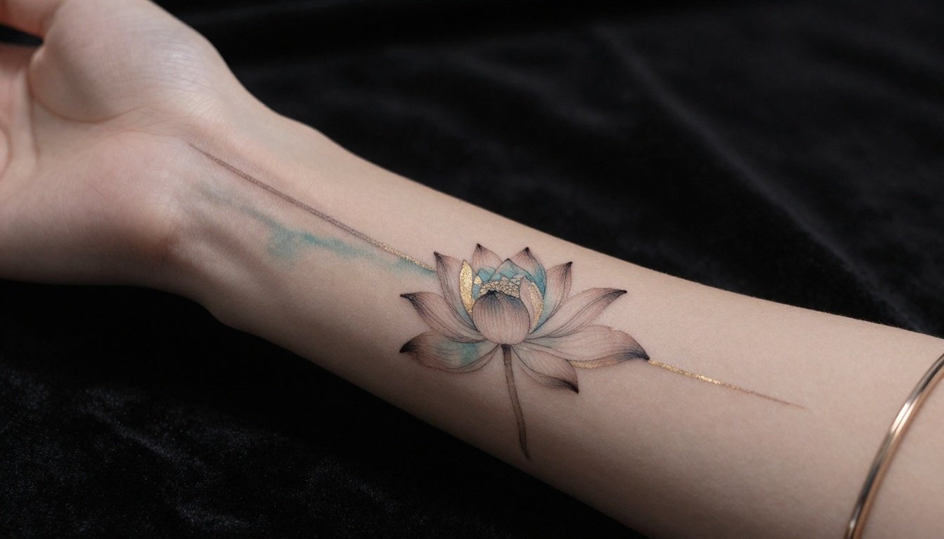 Forearm tattoo showing a cross entwined with lotus petals in teal and gold.