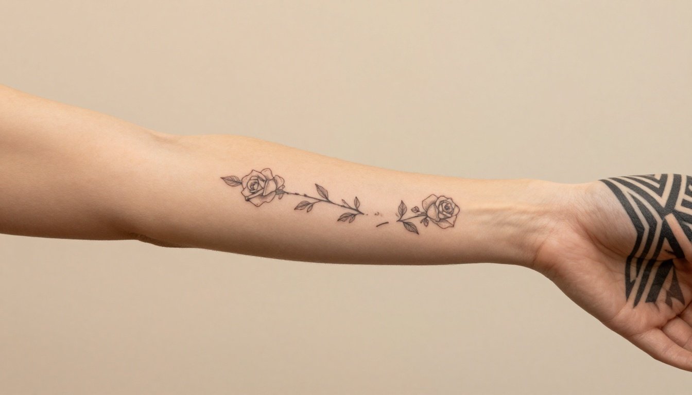A forearm with a fine-line rose and bold geometric tattoo.