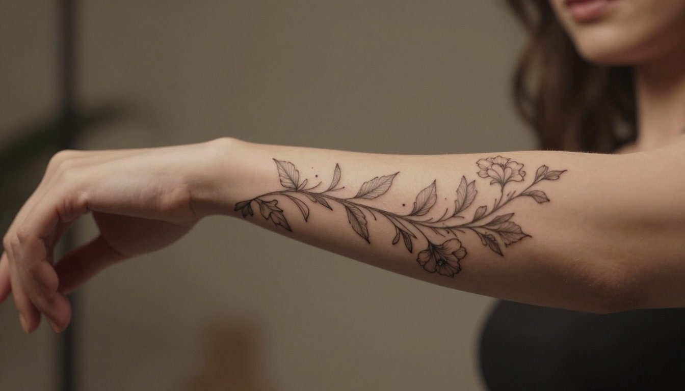 Woman displaying a delicate floral and celestial tattoo winding along her forearm.