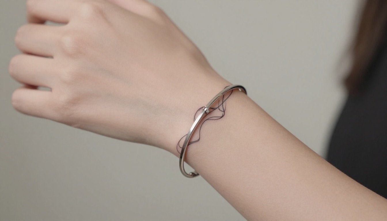 Close-up of a wrist with a delicate black tattoo, silver bracelet, and analog watch.