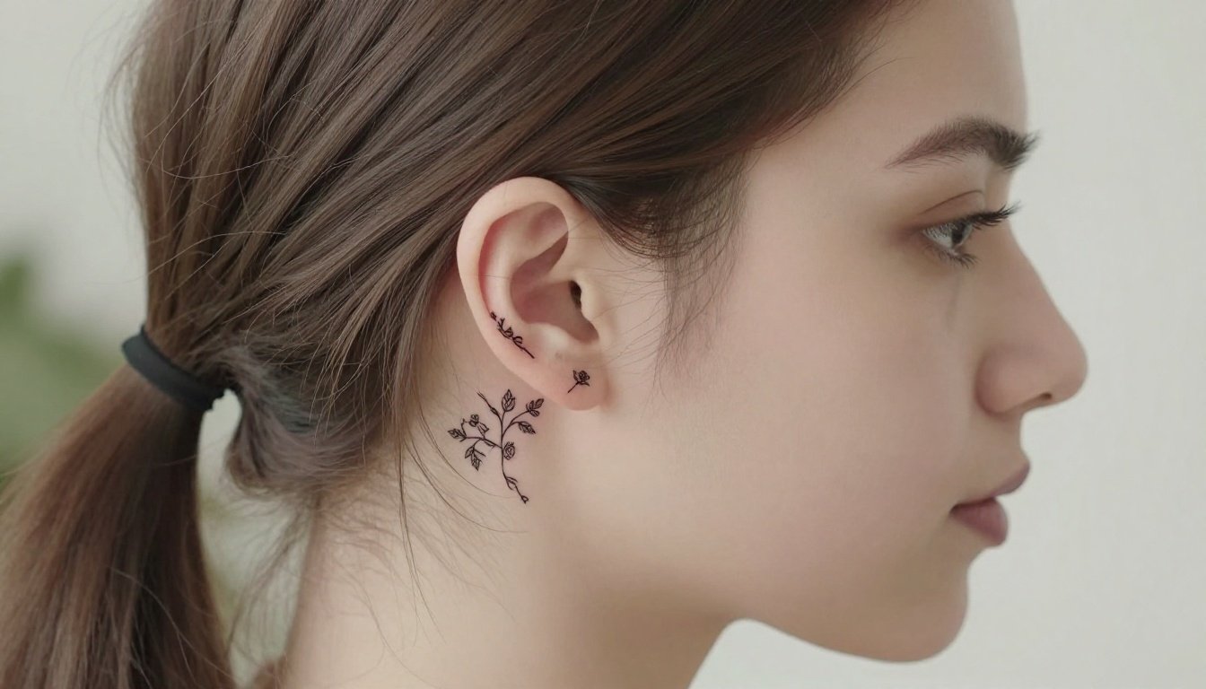 Woman with a small rose tattoo behind her ear and hair pulled back.
