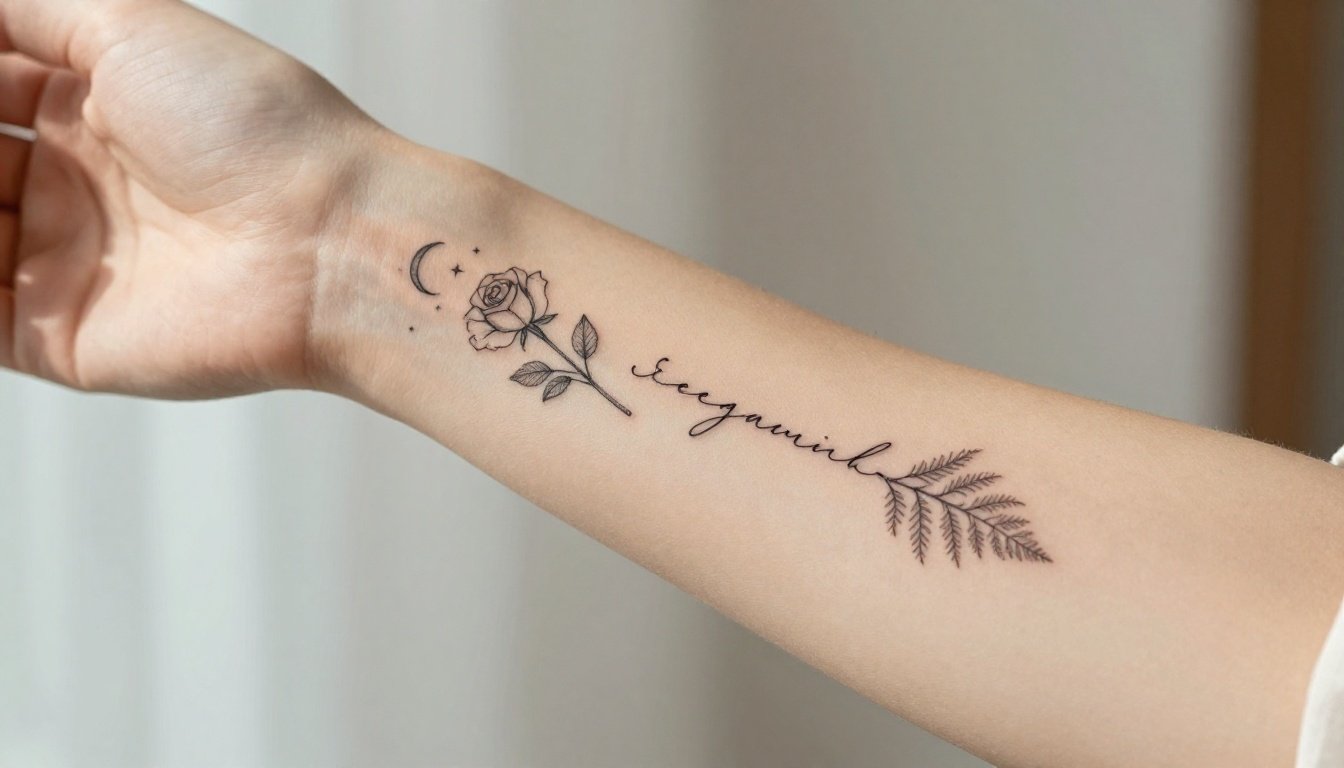 A woman’s forearm showing delicate rose, moon, script, and fern tattoos.